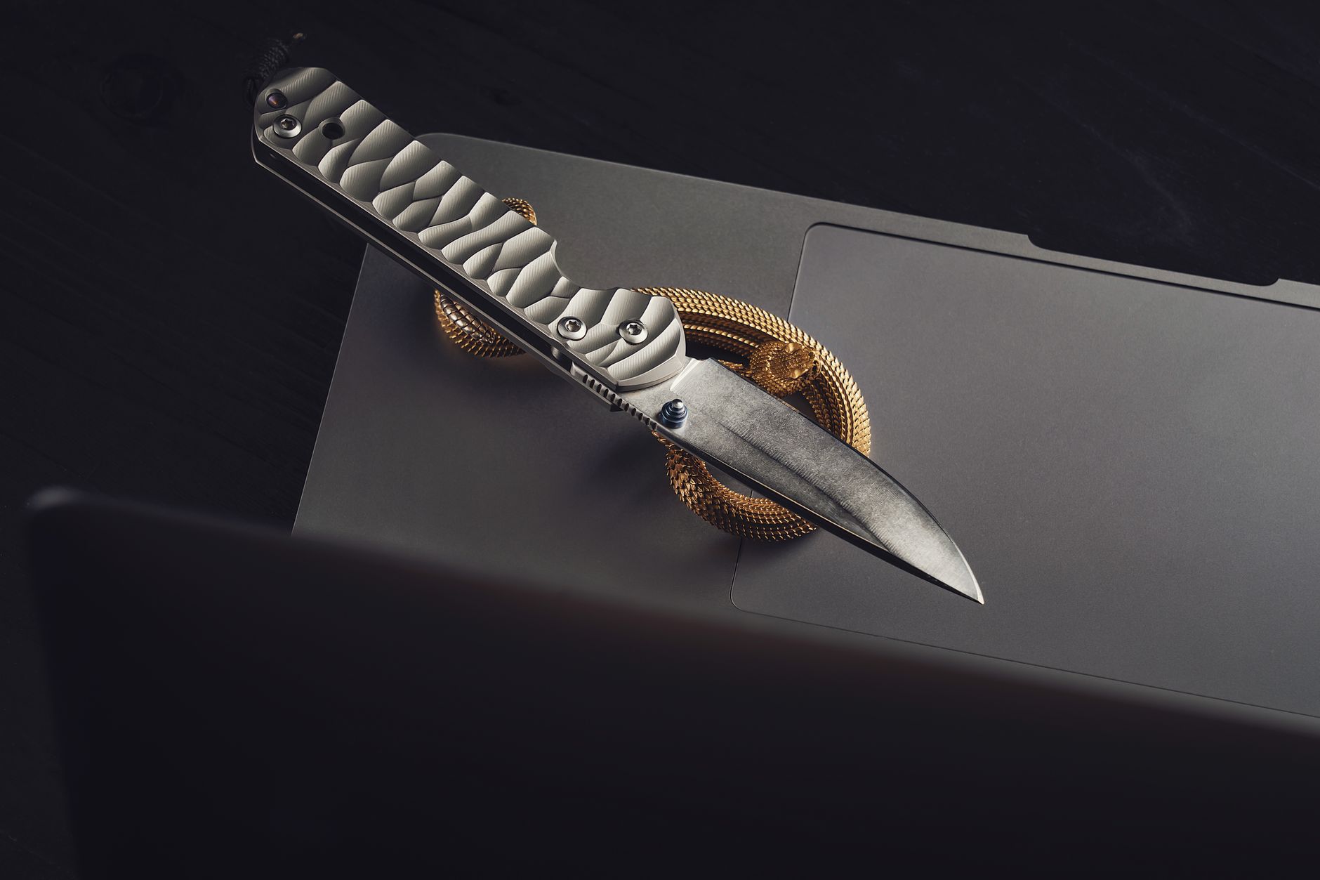 Close-up of a knife resting on a laptop with a metal snake figurine, showcasing selective focus.